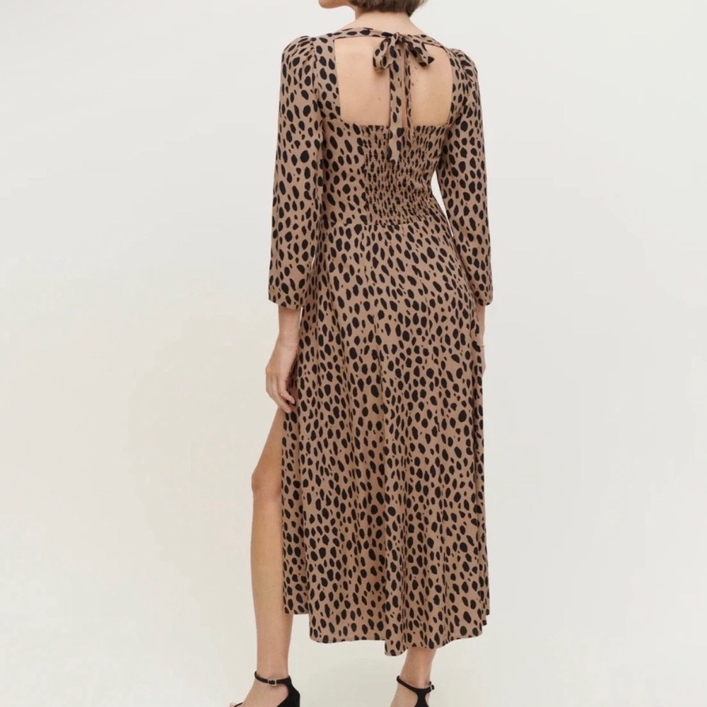 Reformation Mara Midi Dress 6 Brown Leopard Print Slit Square Neck - Picture 6 of 10